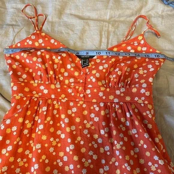 F21 Ditsy Floral Baby Doll Linen Medium Orange Yellow Retro Tank Shift Button - Picture 11 of 13